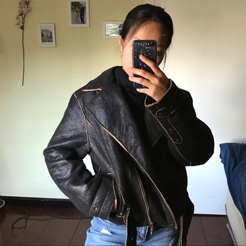 Coated faux leather biker jacket